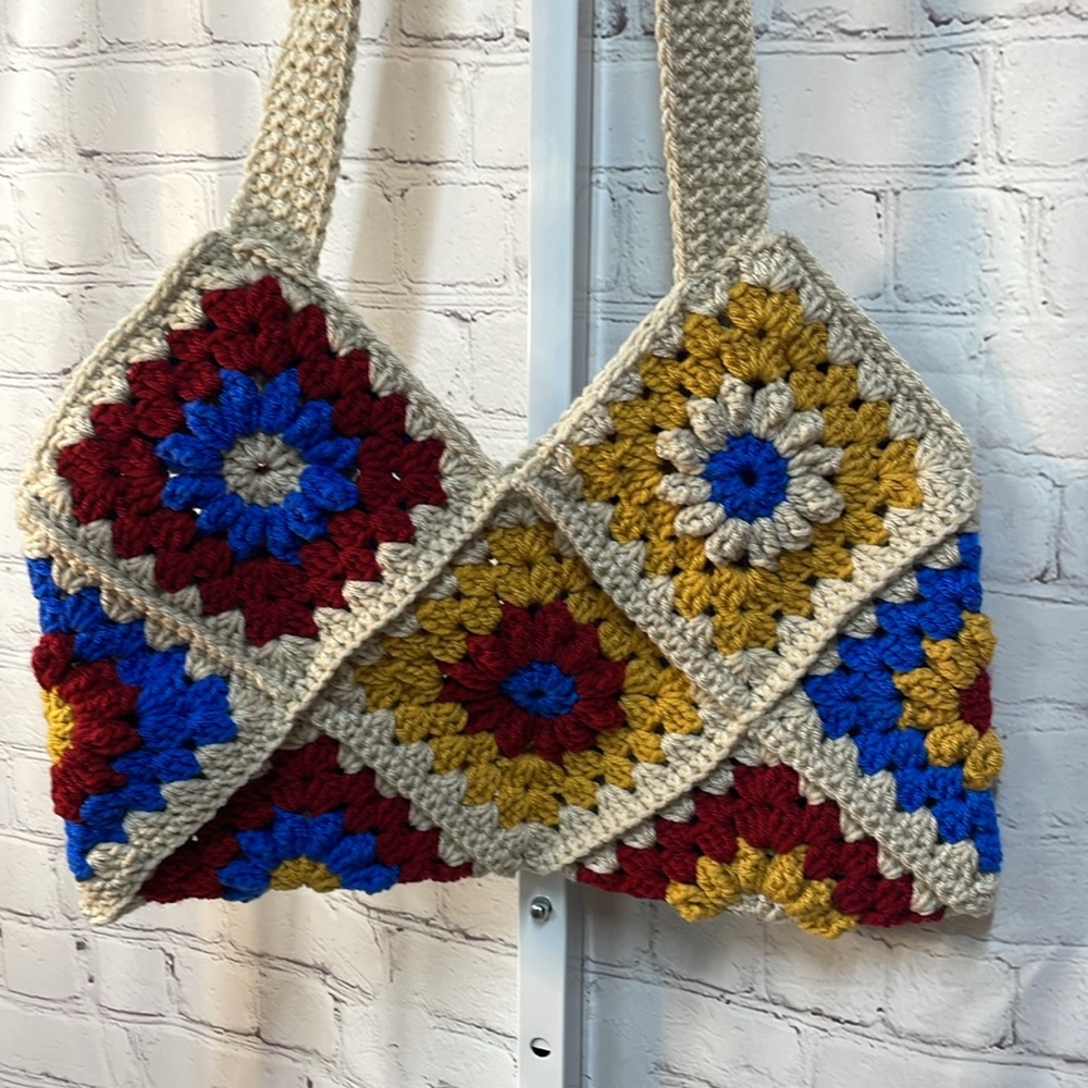 Handmade floral crochet granny square boho crossbody handbag